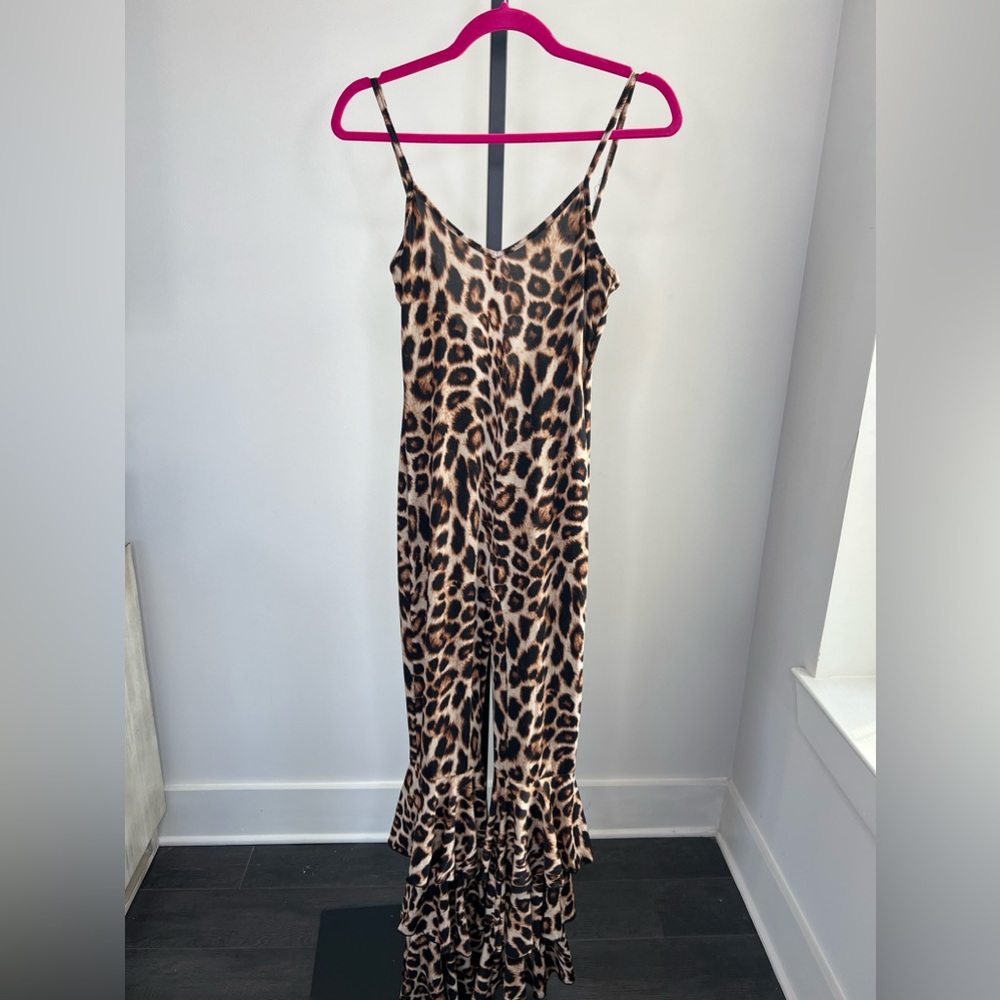 Leopard ruffle flare bottom jumpsuit